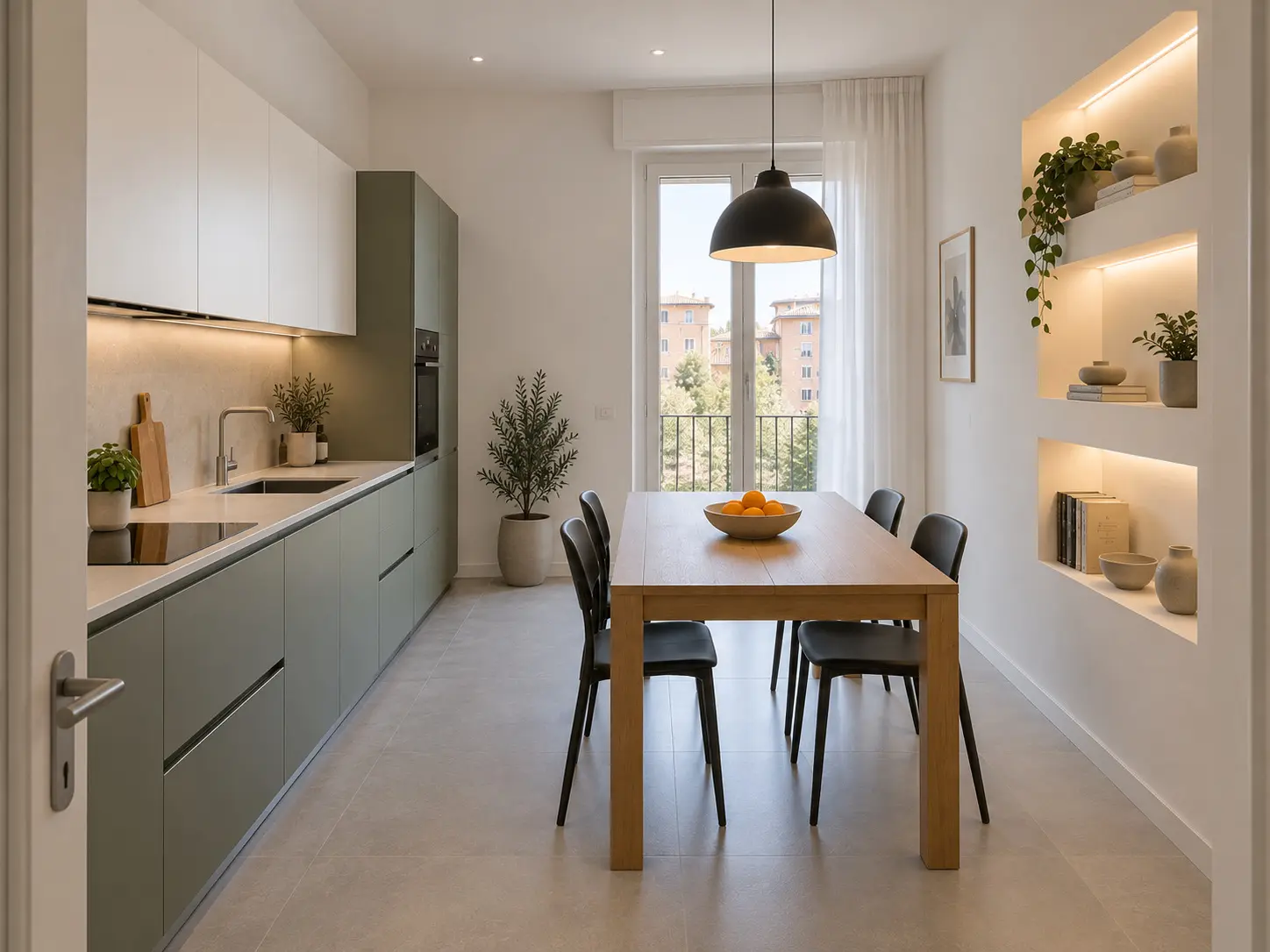 La stessa cucina dopo i lavori: mobili verde salvia, gres effetto cemento, parete attrezzata con nicchie illuminate