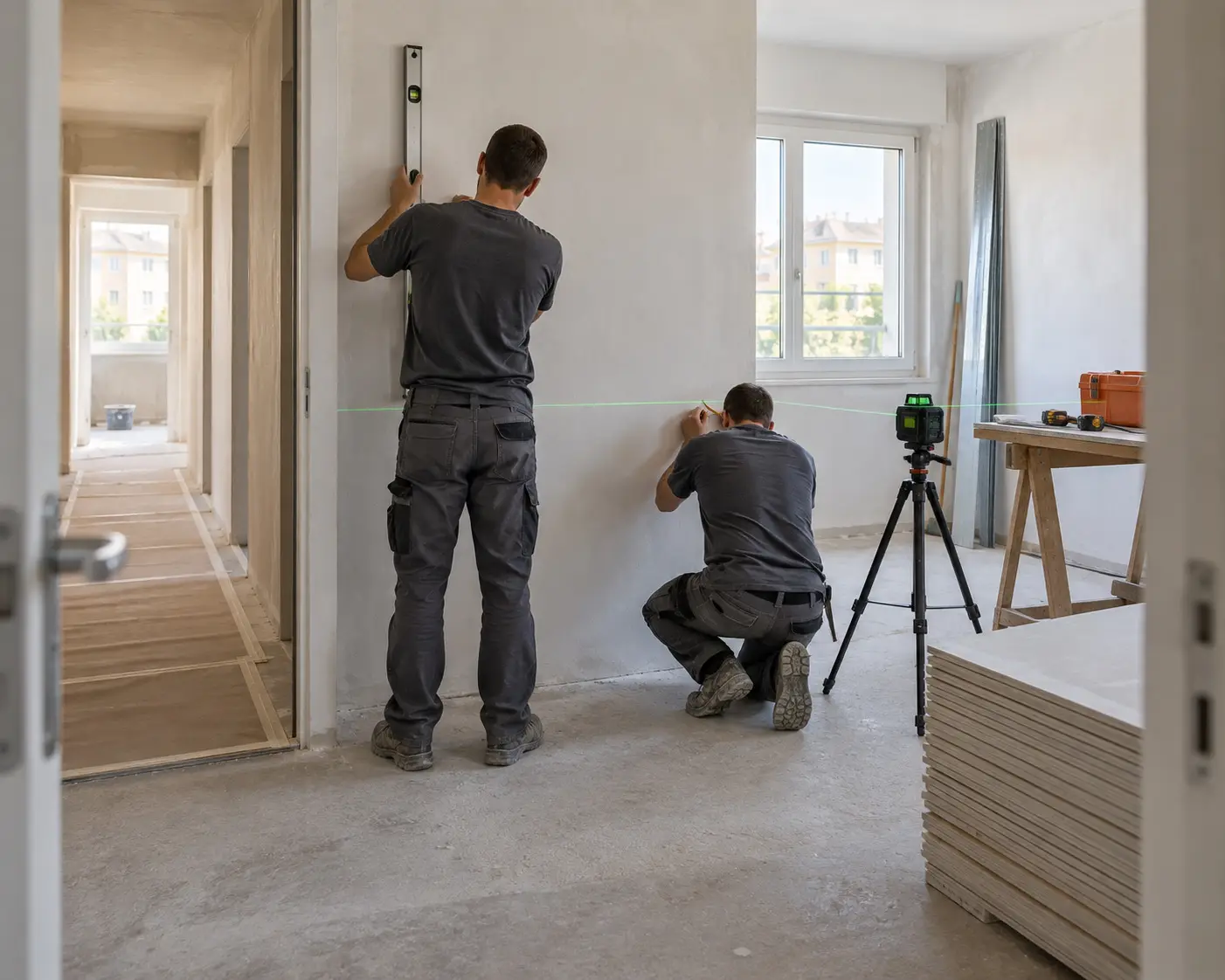 Due persone della squadra al lavoro in un appartamento in cantiere: uno controlla la parete con la staggia, l’altro traccia le quote con il laser