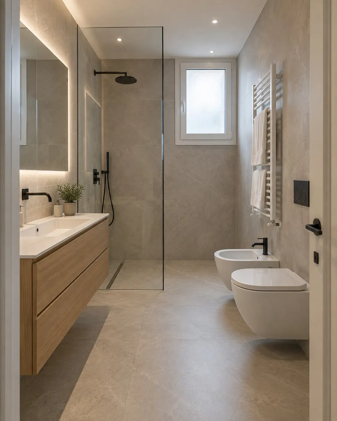 Bagno padronale a Casalecchio di Reno: doccia a filo pavimento, gres grande formato, sanitari sospesi