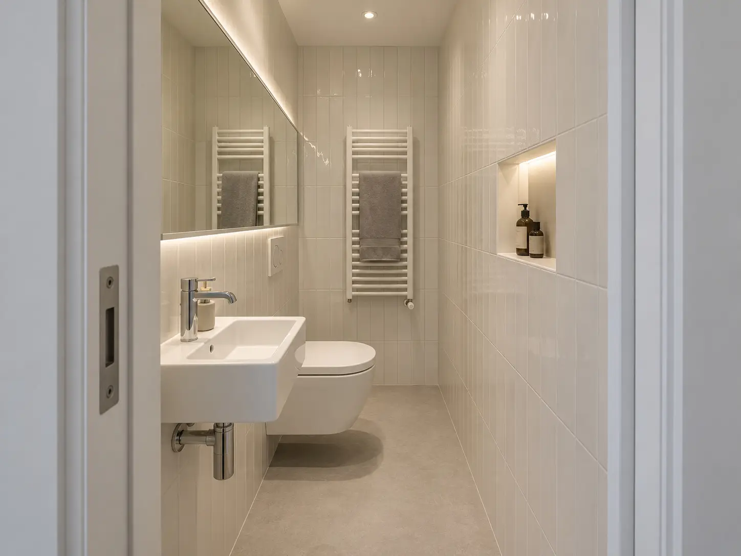 Secondo bagno ricavato in una nicchia: sanitari sospesi, specchio a tutta parete e rivestimento chiaro