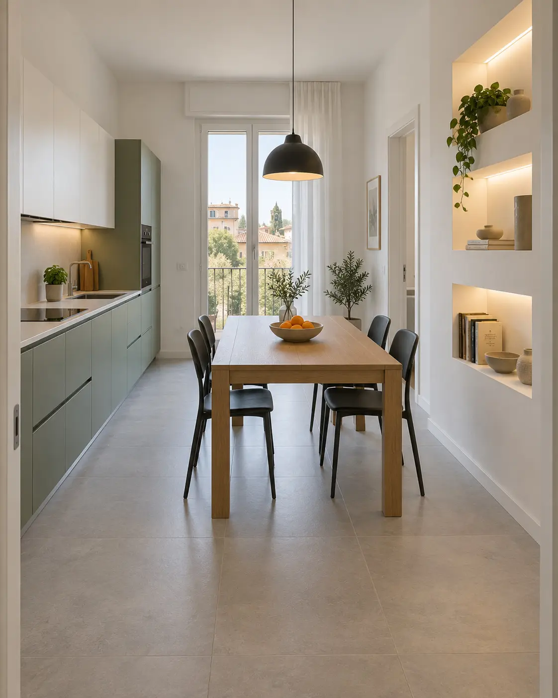 Cucina verde salvia e zona pranzo a Castel Maggiore, con parete attrezzata in cartongesso e nicchie illuminate