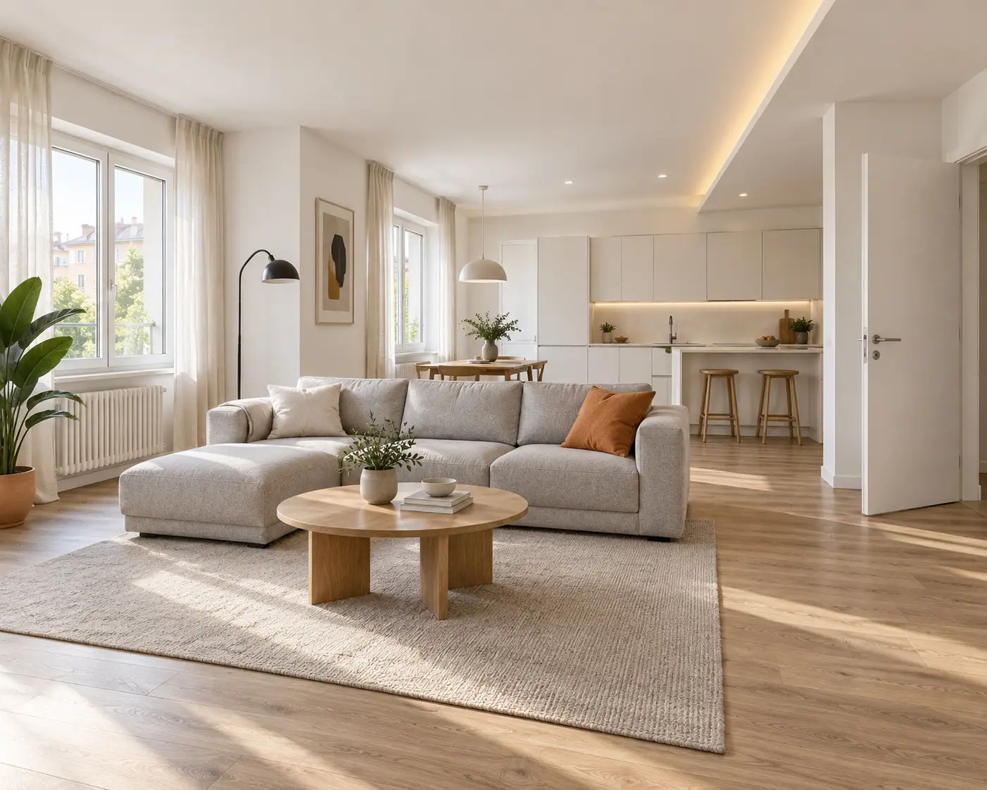 Soggiorno aperto sulla cucina appena ristrutturato, con controsoffitto illuminato e parquet chiaro
